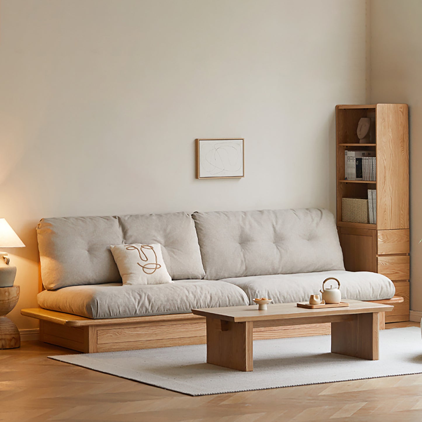 Solid Wood Fabric Sofa – Modern Minimalist Oak Storage Sofa for Small Living Rooms