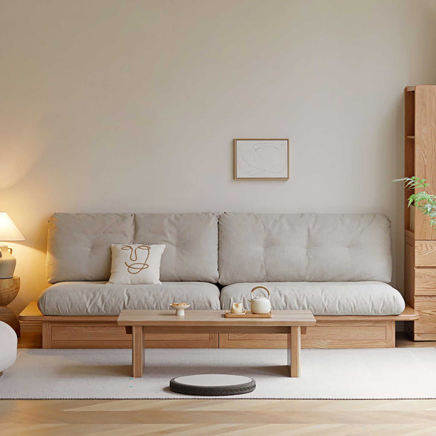 Solid Wood Fabric Sofa – Modern Minimalist Oak Storage Sofa for Small Living Rooms