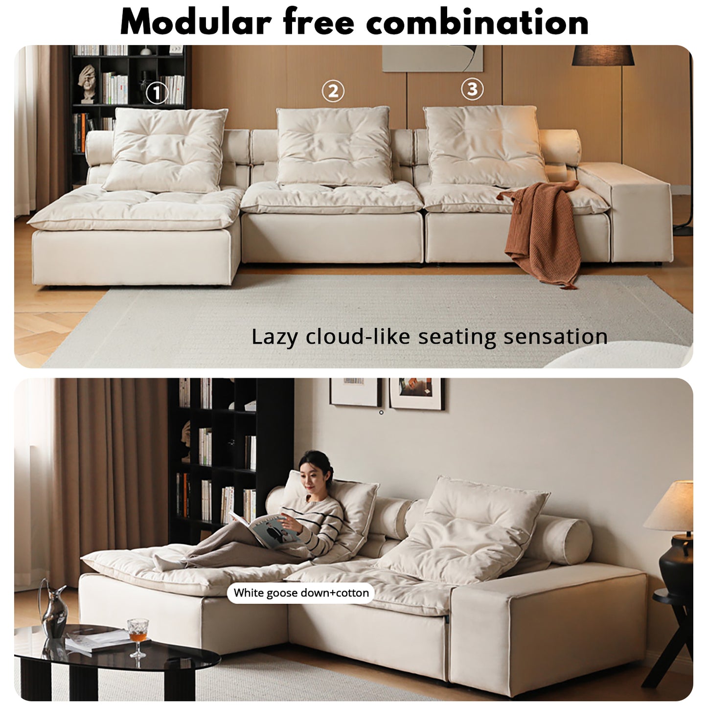 French Crème Modular Sofa - Ultrasuede Sectional with Goose Down & Solid Wood Frame