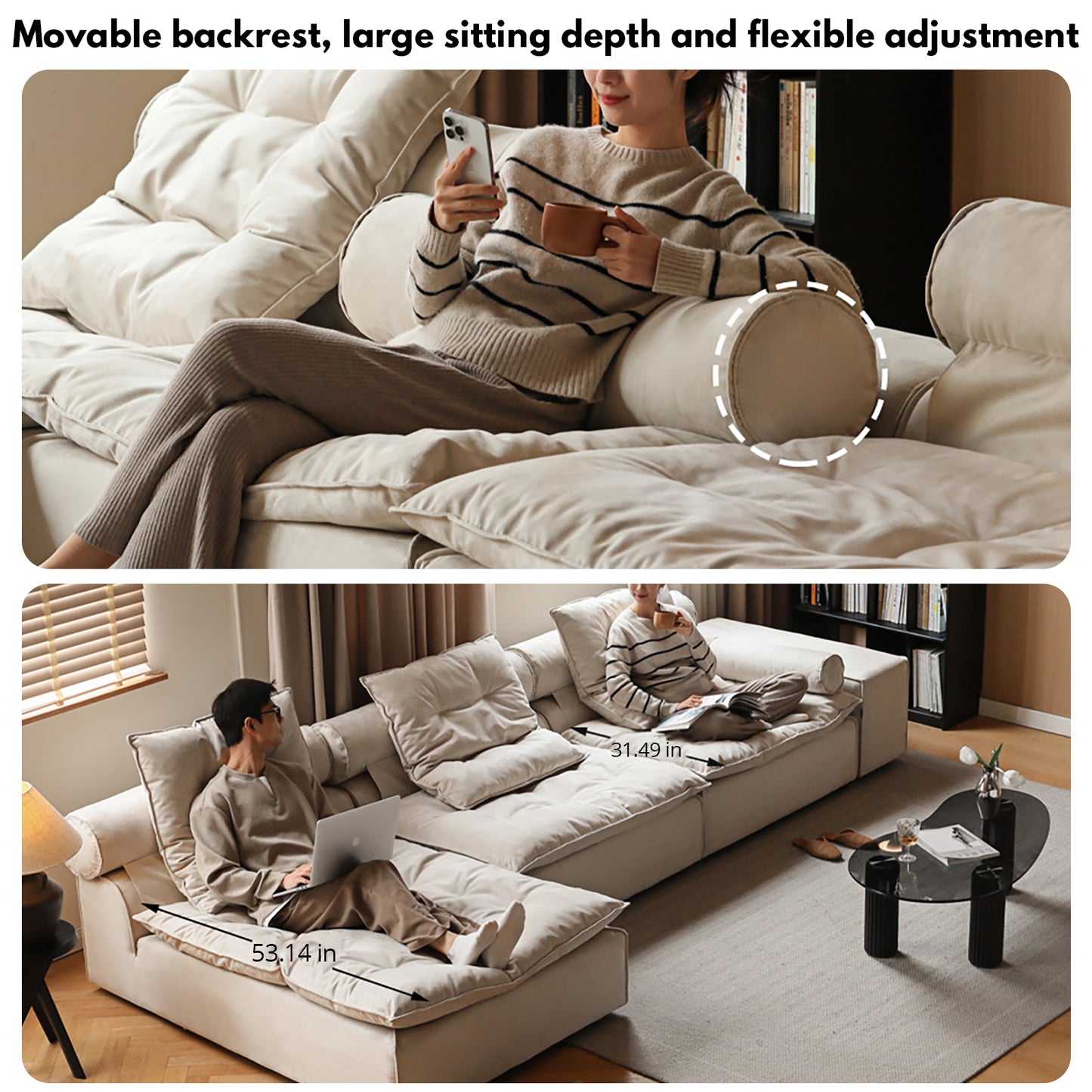 French Crème Modular Sofa - Ultrasuede Sectional with Goose Down & Solid Wood Frame