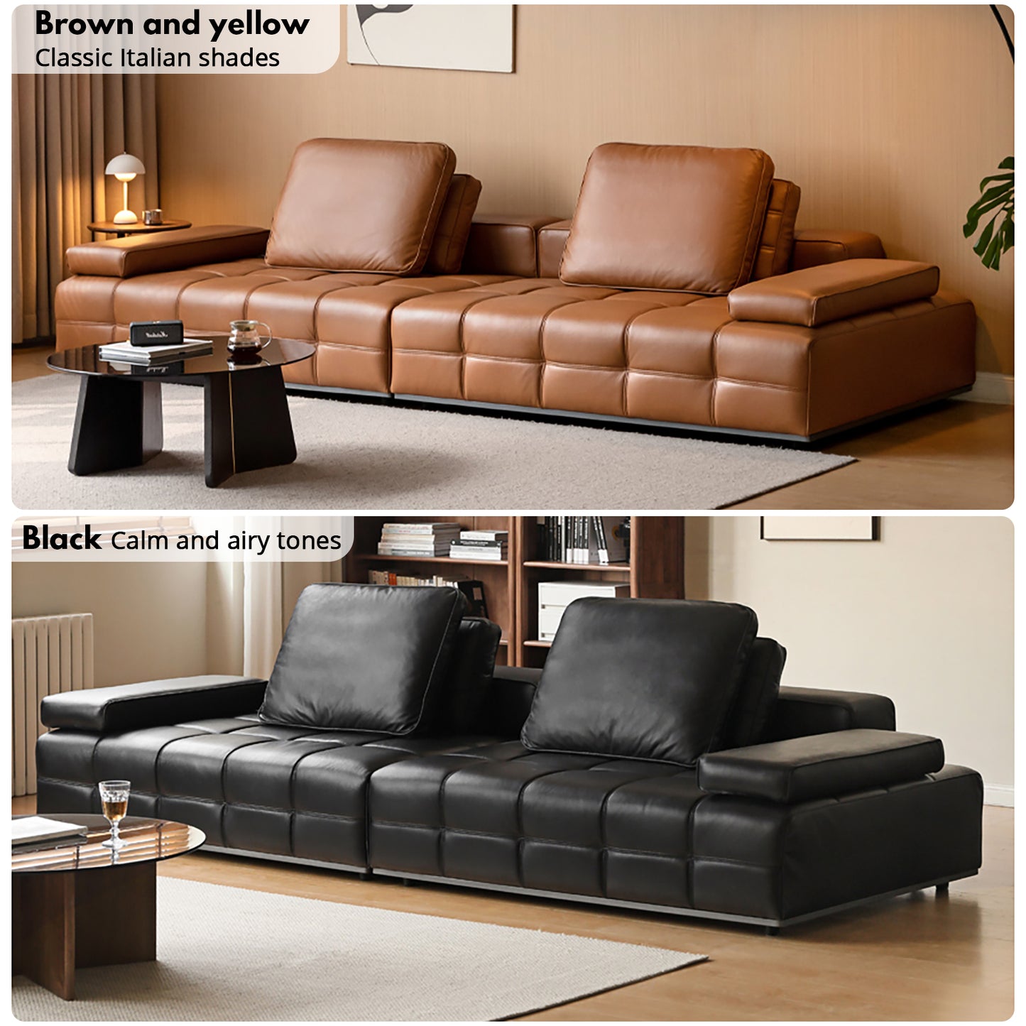 Lawrence Italian Minimalist Black Leather Sofa – Premium Top-Grain Crumple Leather