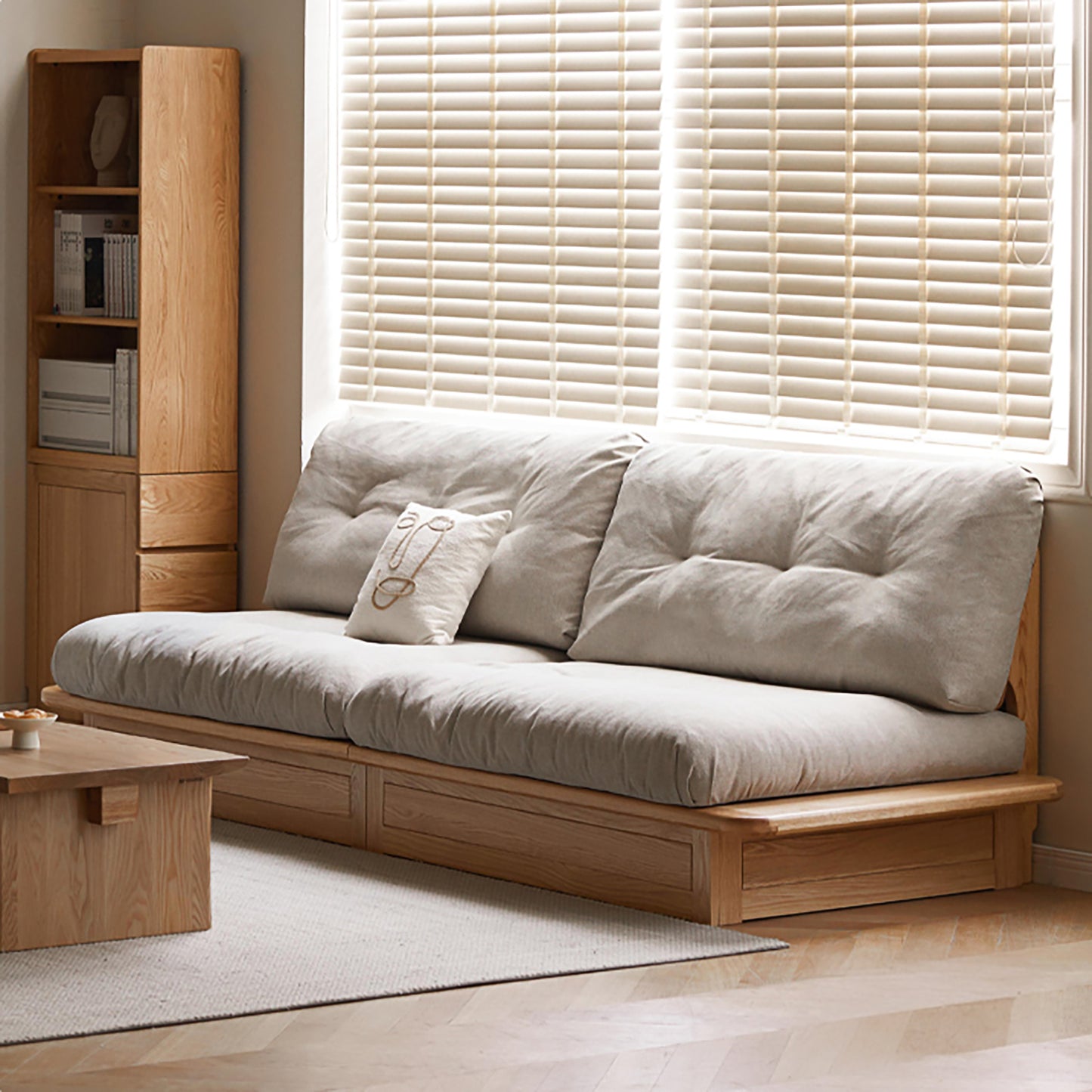 Solid Wood Fabric Sofa – Modern Minimalist Oak Storage Sofa for Small Living Rooms