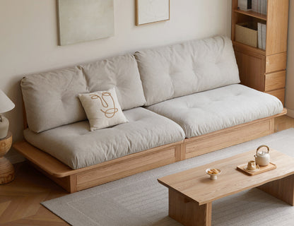 Solid Wood Fabric Sofa – Modern Minimalist Oak Storage Sofa for Small Living Rooms