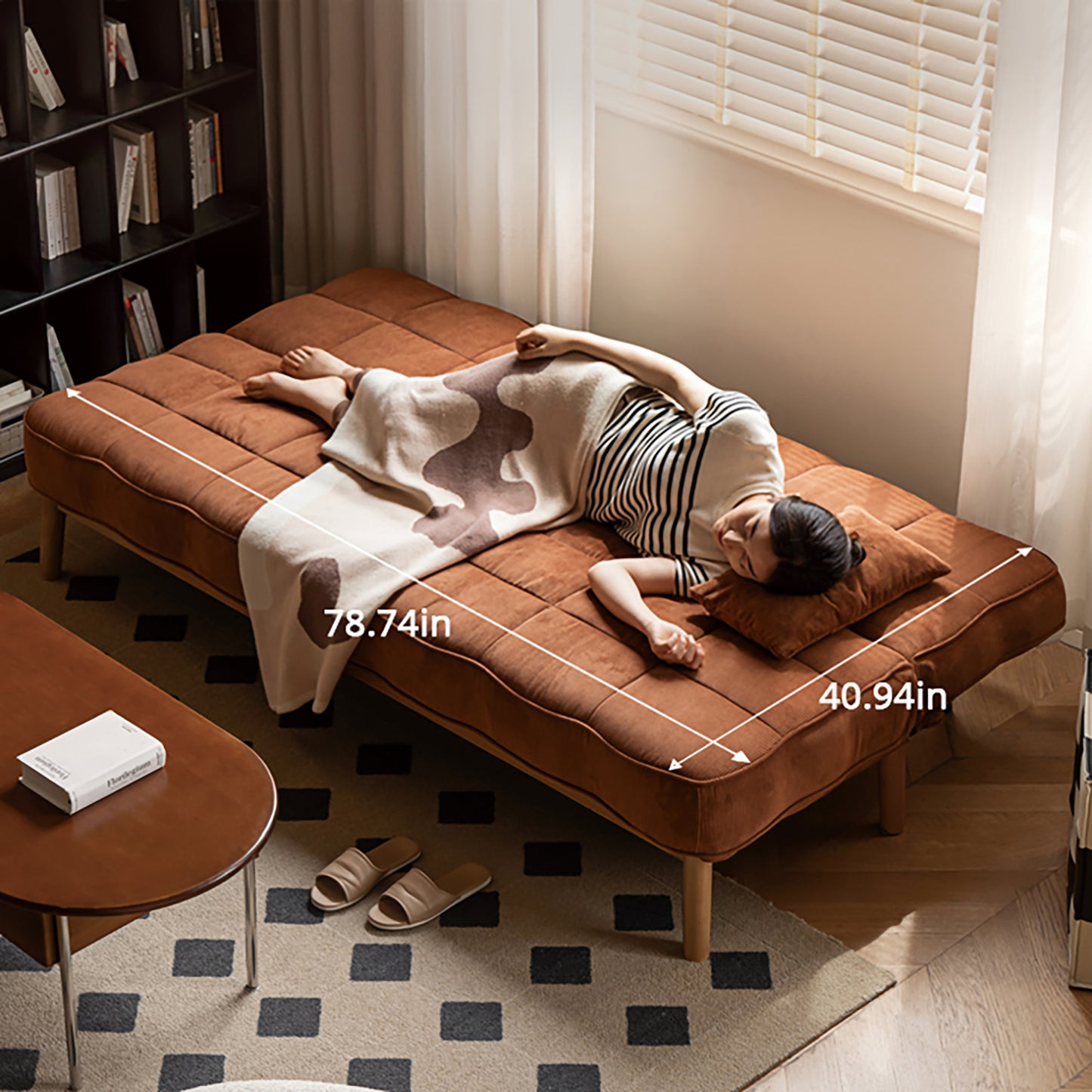 Mid-Century Convertible Sofa Bed - Dual-Function Corduroy Upholstery with Solid Wood Frame