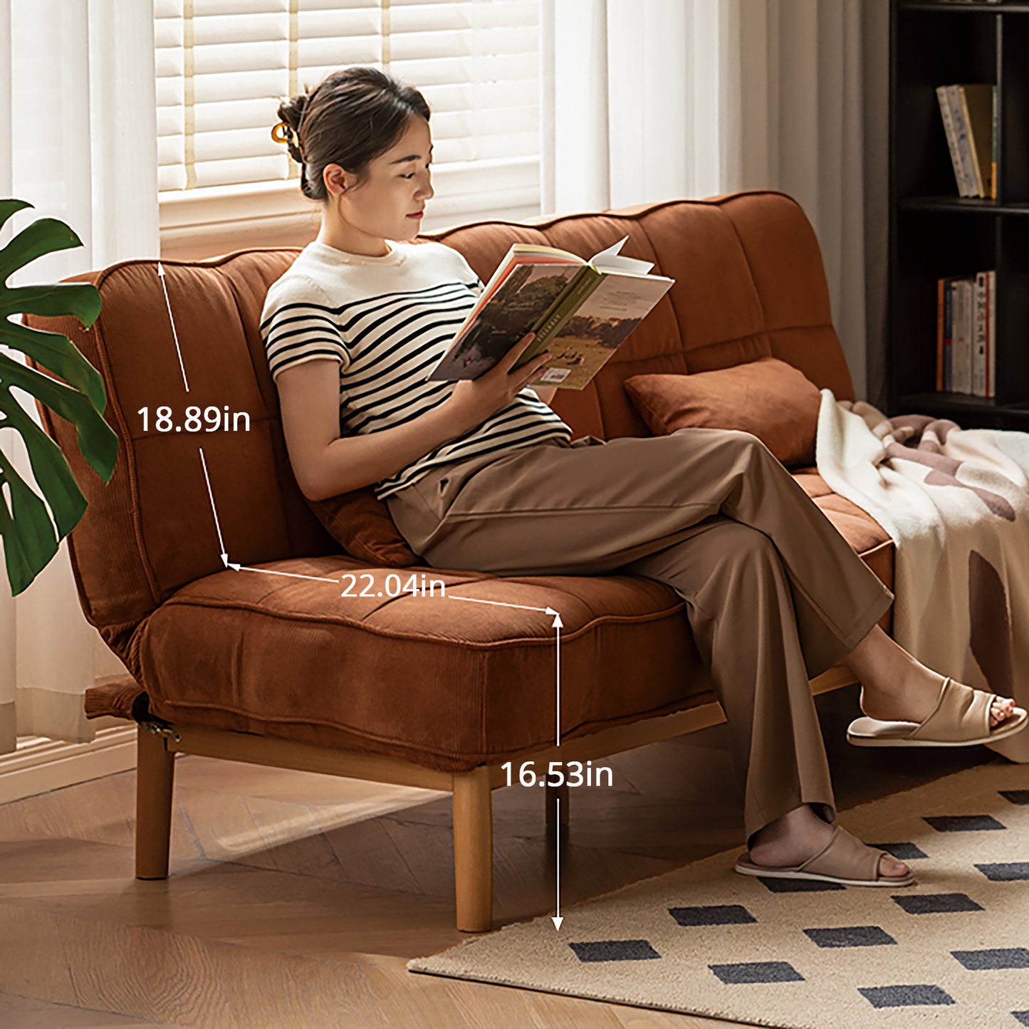 Mid-Century Convertible Sofa Bed - Dual-Function Corduroy Upholstery with Solid Wood Frame