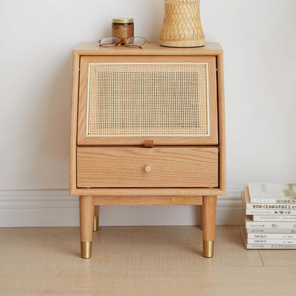 100% FAS Oak Wood Rattan Nightstand Side Table with Drawers (Natural)