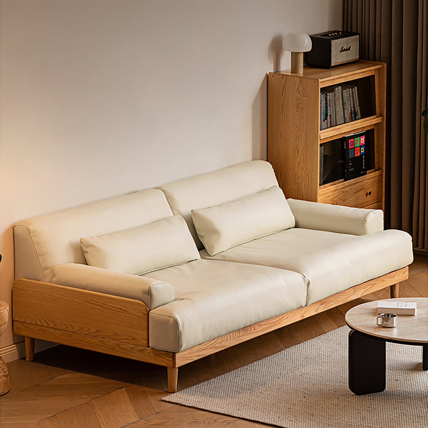 Modern Minimalist Solid Wood Sofa – Oak Fabric Down Sofa for Japanese Living Rooms and Small Spaces