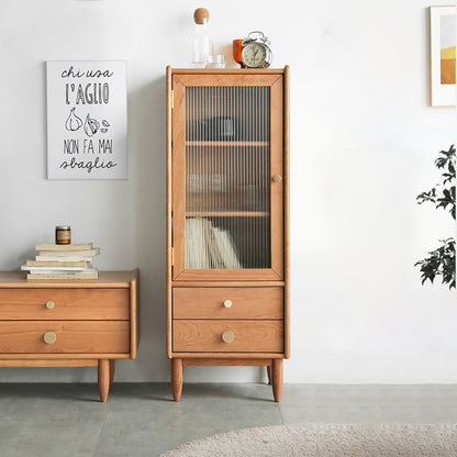 100% Solid Wood Storage Cabinet with Glass Doors and Drawers (Natural)