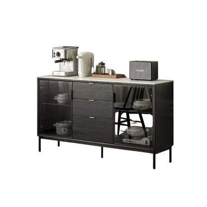 Solid Oak Wood Sideboard Buffet Cabinet with Rock Slabs Tabletop (Black)