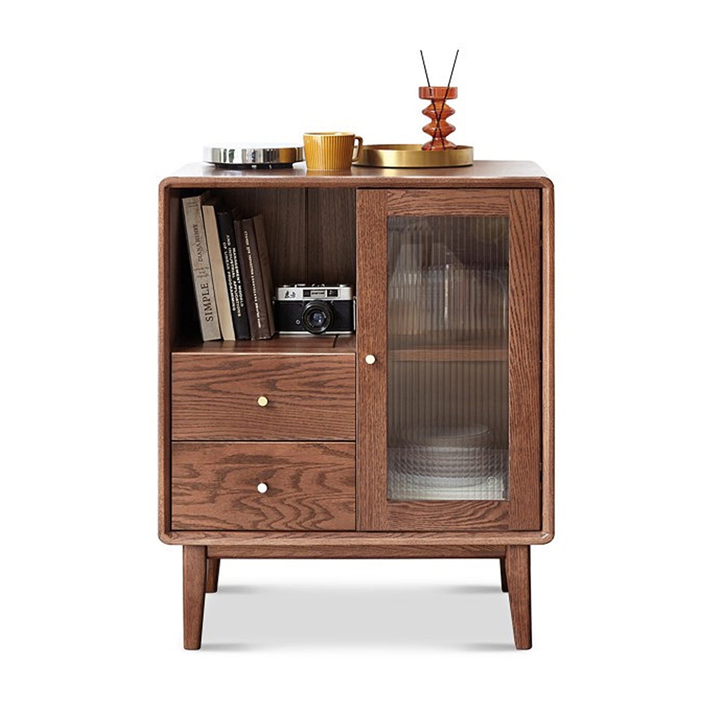 100% Solid Oak Wood Coffee Bar 2-Tier Storage Buffet Cabinet (Walnut)