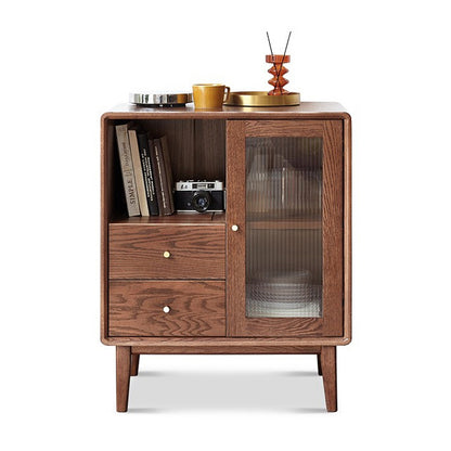 100% Solid Oak Wood Coffee Bar 2-Tier Storage Buffet Cabinet (Walnut)