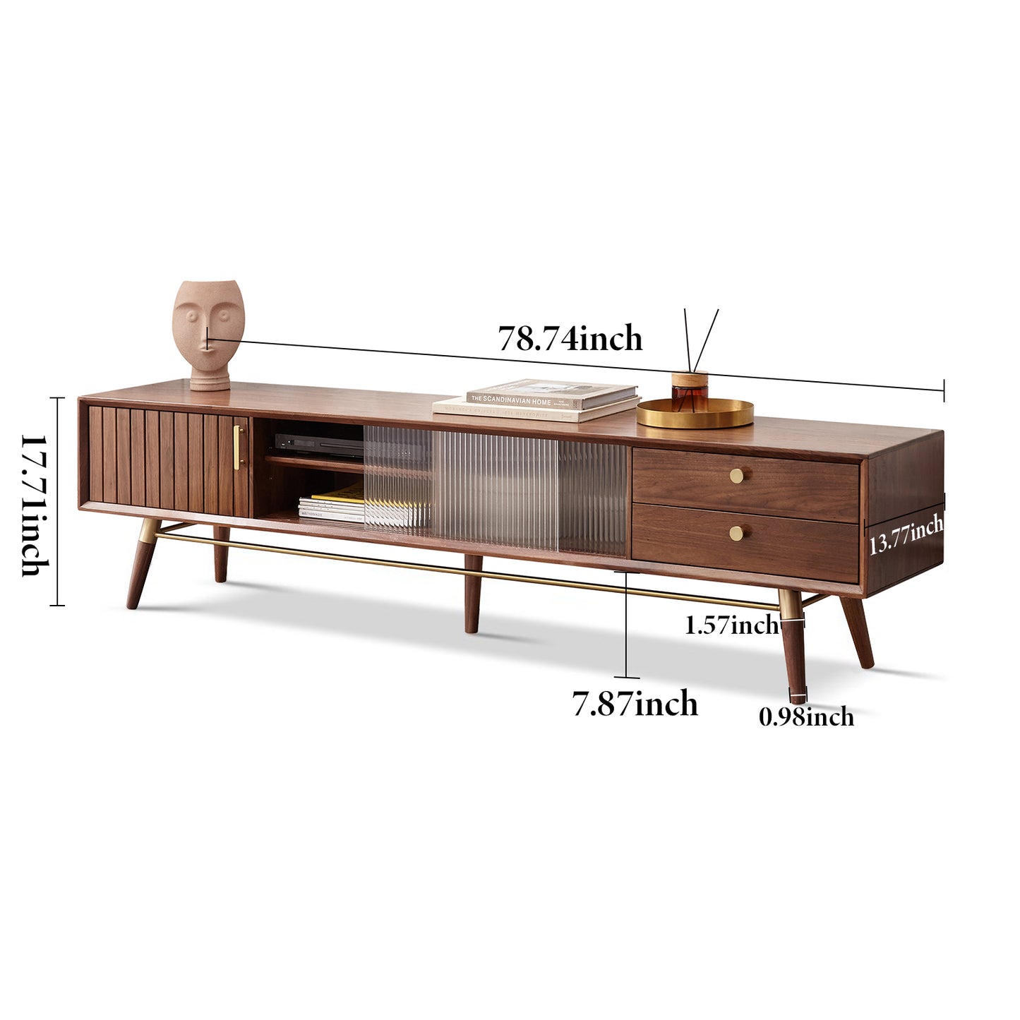 100% North America A Grade Solid Red Oak TV Cabinet Walnut Color (70.9"/ 78.7")