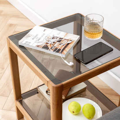 100% Solid Wood End Table with Tempered Glass (Natural)