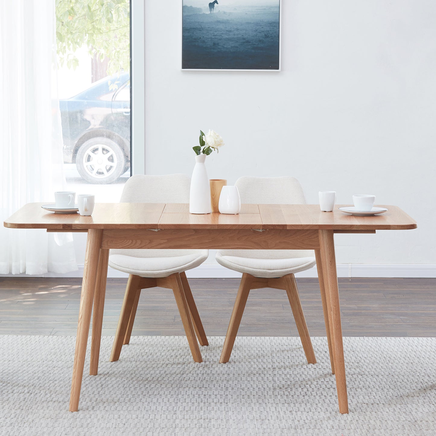 100% Solid Oak Wood Round Corner Diagonal Leg Telescopic Table for 6-8 People (Natural)