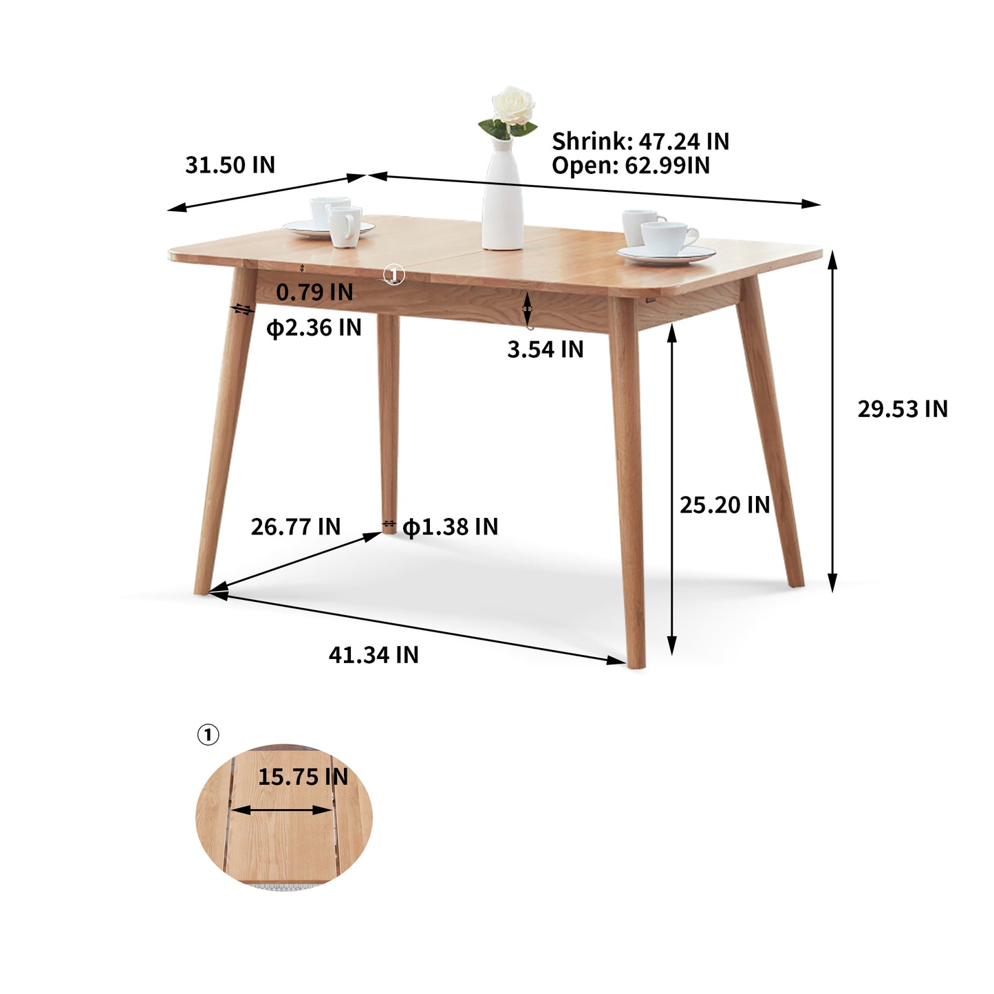 100% Solid Oak Wood Round Corner Diagonal Leg Telescopic Table for 6-8 People (Natural)