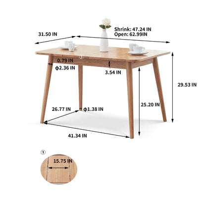 100% Solid Oak Wood Round Corner Diagonal Leg Telescopic Table for 6-8 People (Natural)