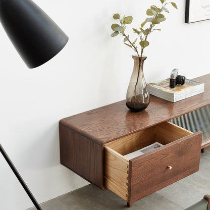 Solid Oak TV Stands Entertainment Center with 2 Cabinets and 3 Drawers (Walnut)