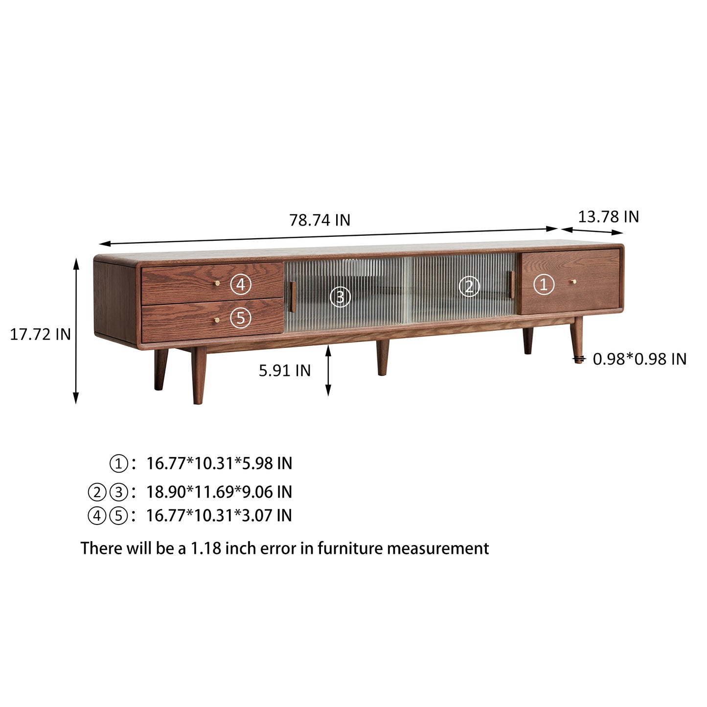 Solid Oak TV Stands Entertainment Center with 2 Cabinets and 3 Drawers (Walnut)