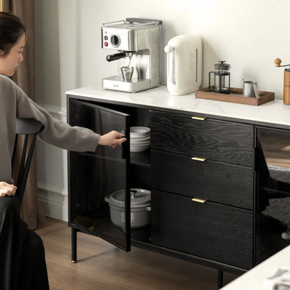 Solid Oak Wood Sideboard Buffet Cabinet with Rock Slabs Tabletop (Black)