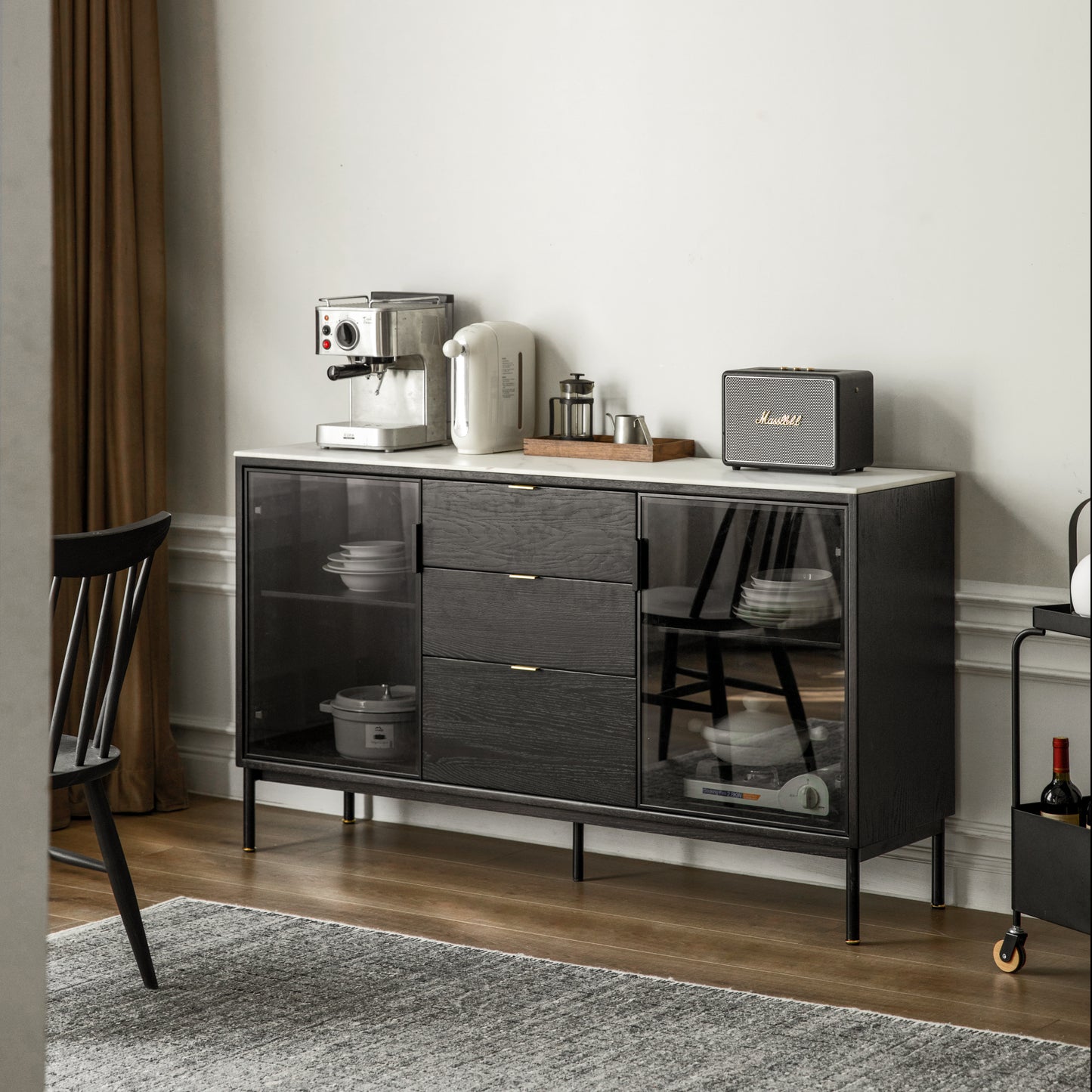 Solid Oak Wood Sideboard Buffet Cabinet with Rock Slabs Tabletop (Black)