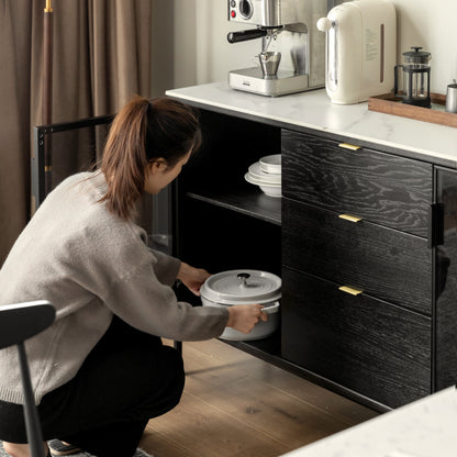 Solid Oak Wood Sideboard Buffet Cabinet with Rock Slabs Tabletop (Black)