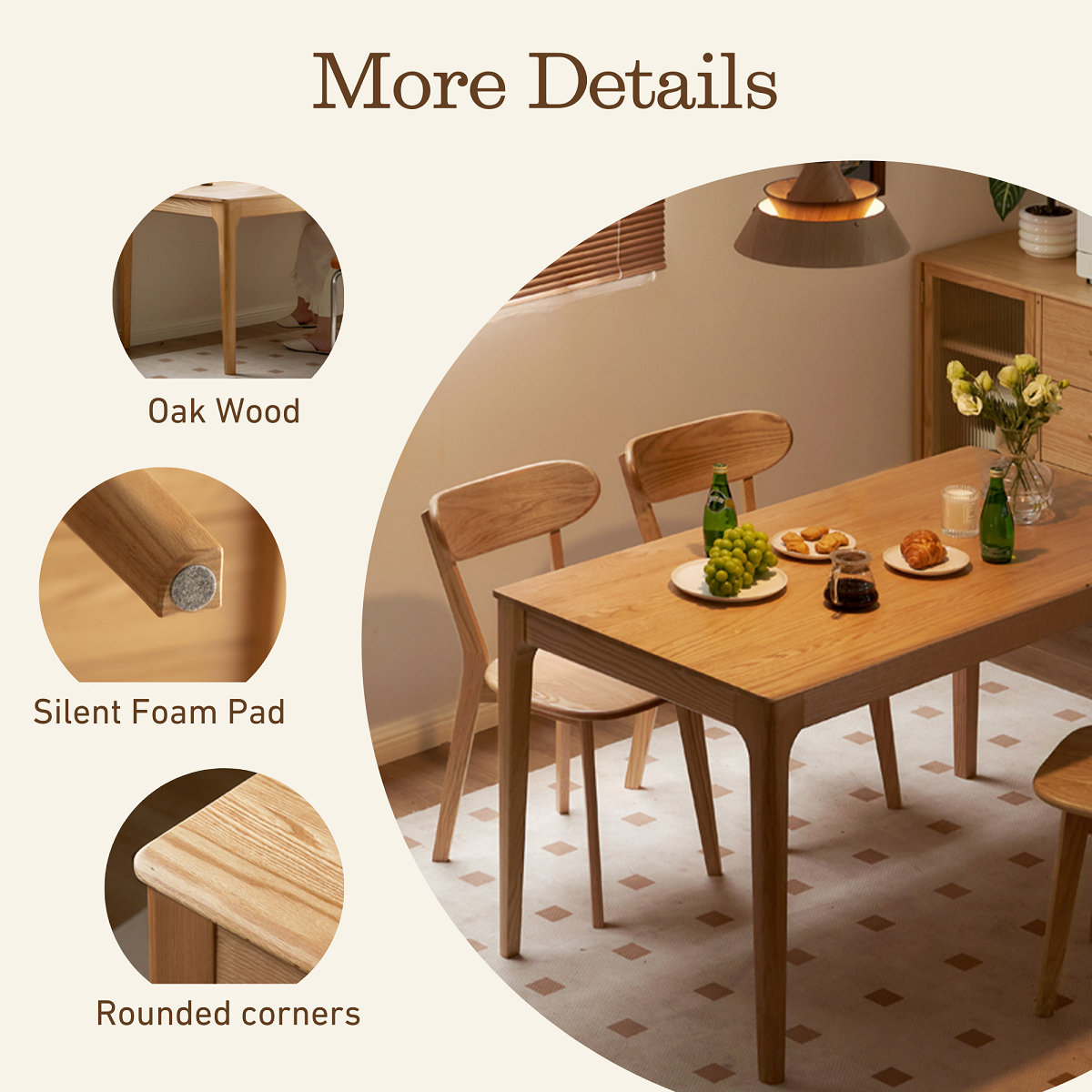 100% Solid Wood Dining Table Natural Wood Color (47"/55")