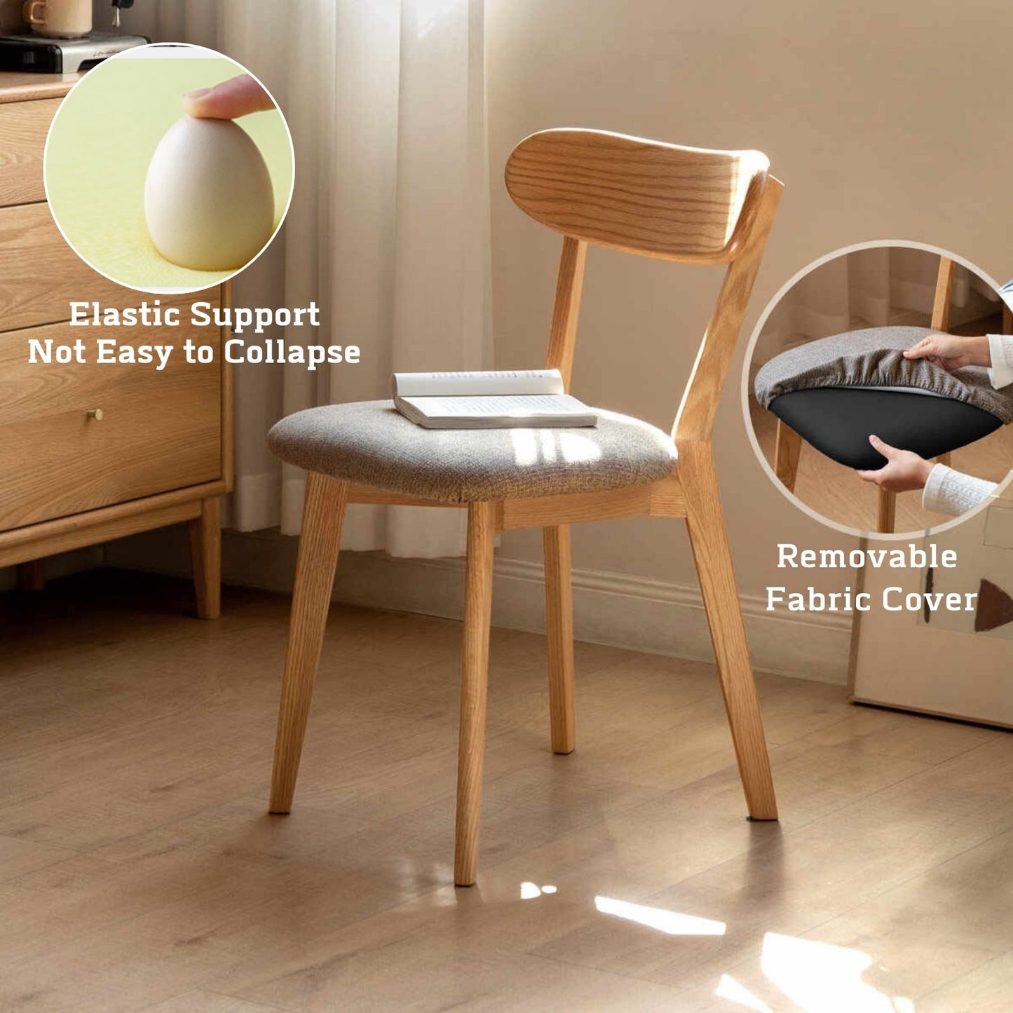 100%Oak Wood Upholstered Dining Chairs,  Oak Wood Kitchen Chairs with Wide Rounded Backrest