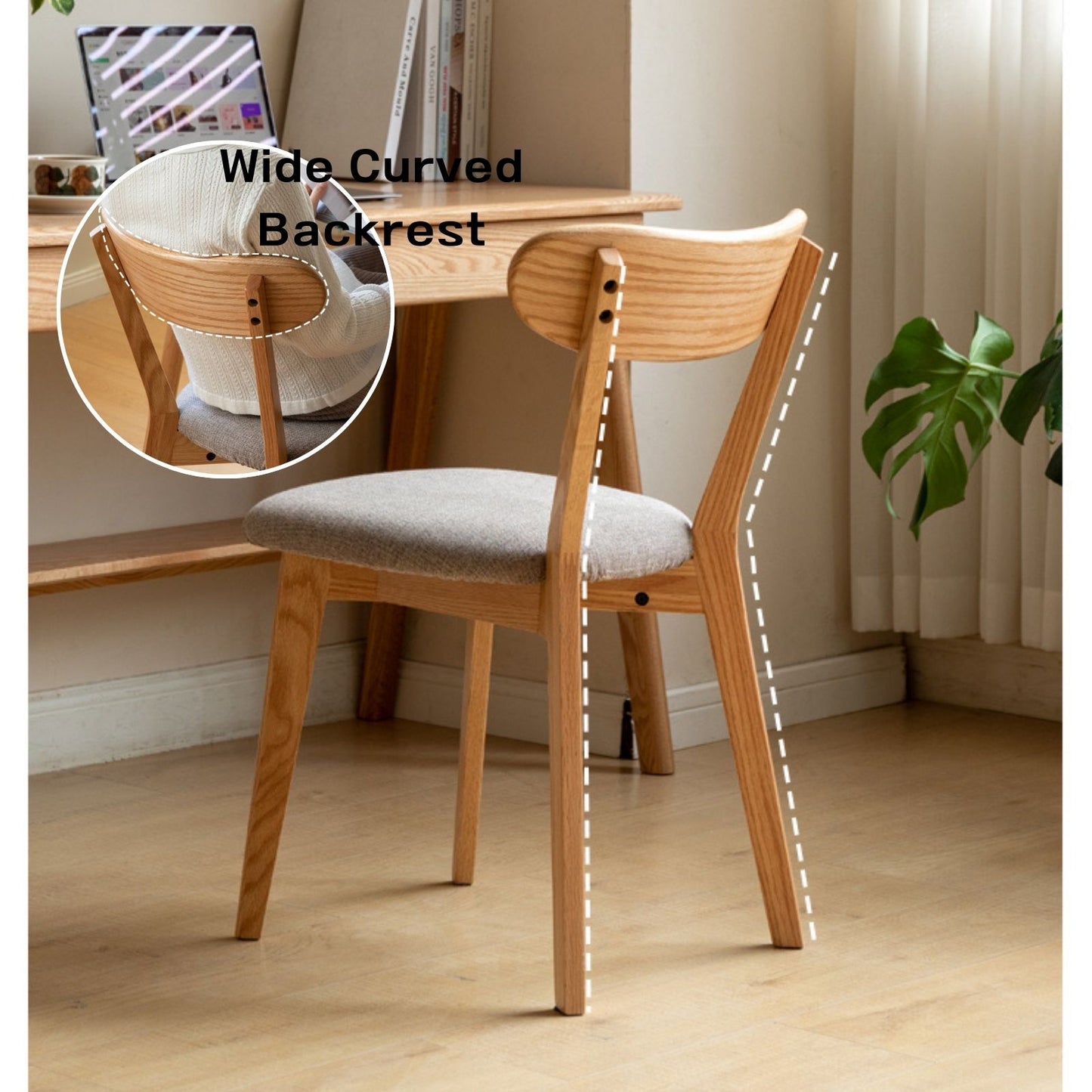 100%Oak Wood Upholstered Dining Chairs,  Oak Wood Kitchen Chairs with Wide Rounded Backrest