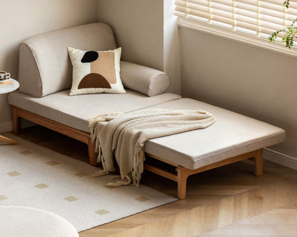 Title: Solid Wood Convertible Sofa Bed - Space-Saving Fold-to-Bed Design with Organic Linen & Oak Frame