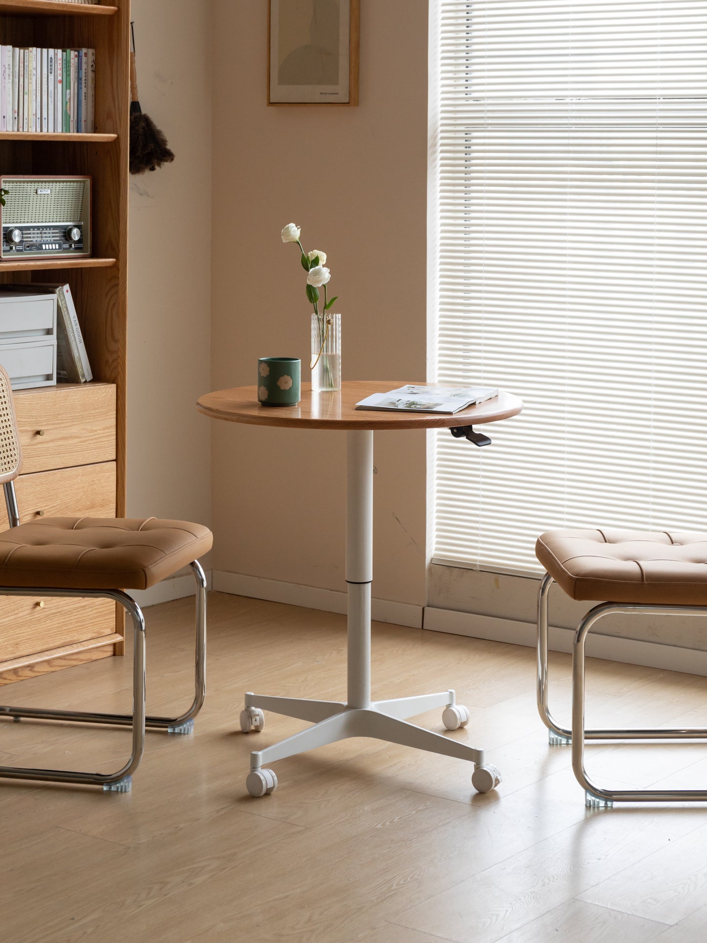 Round Side Table for Small Spaces with White Metal Leg