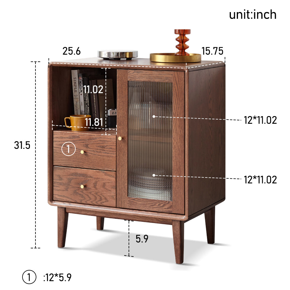 100% Solid Oak Wood Coffee Bar 2-Tier Storage Buffet Cabinet (Walnut)