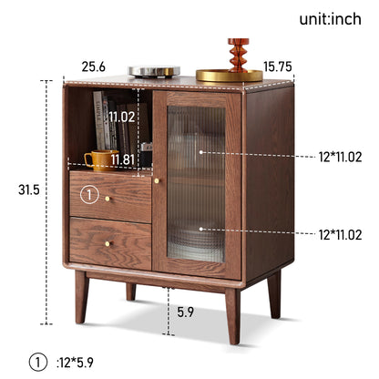 100% Solid Oak Wood Coffee Bar 2-Tier Storage Buffet Cabinet (Walnut)