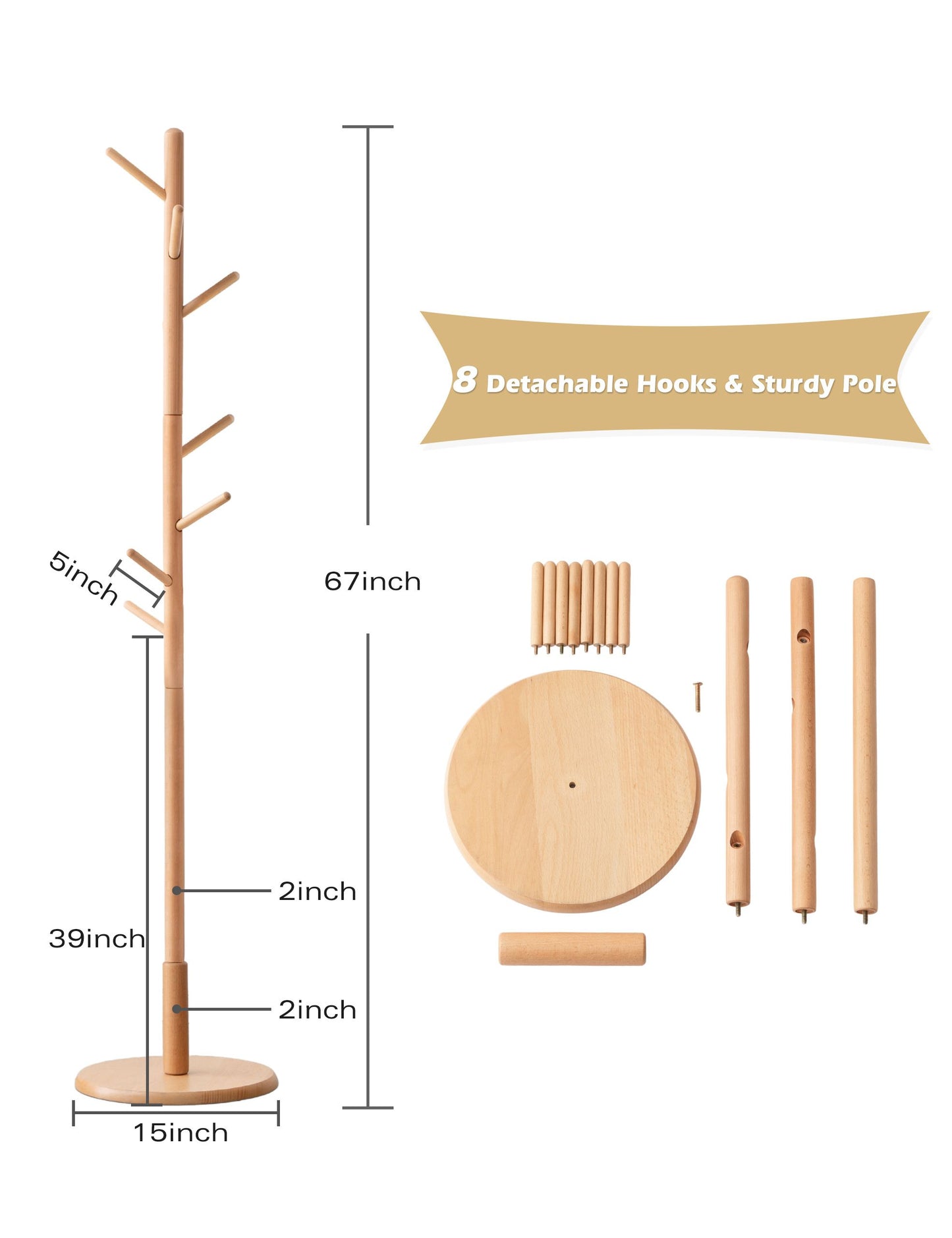 100% Solid Beech Wood Coat Rack Natural Wood Color（67"×15"）