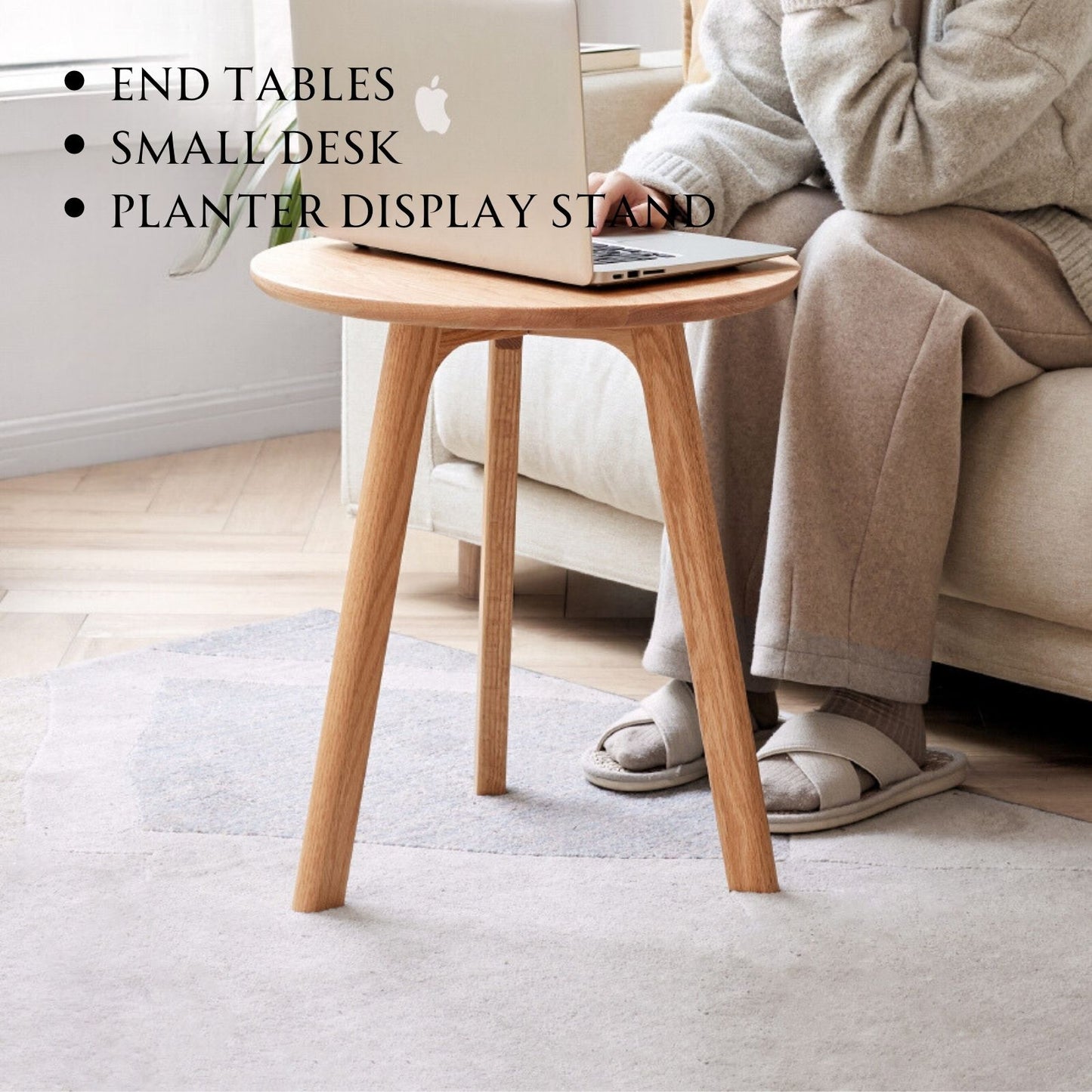 100% Solid Wood Side Table Round, End Table (Natural / Walnut)