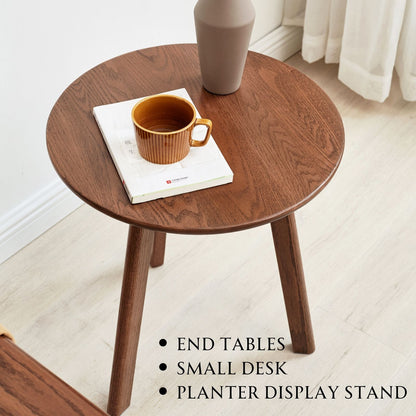 100% Solid Wood Side Table Round, End Table (Natural / Walnut)-LD