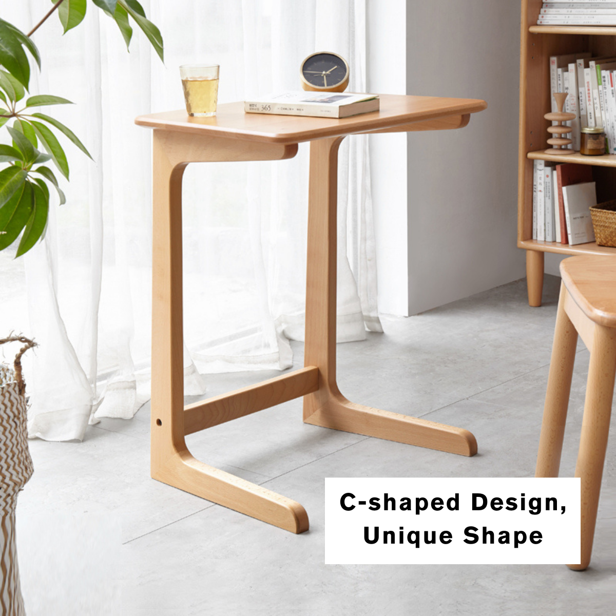 100% Solid Wood C-shaped Side Table for Small Spaces (Natural)