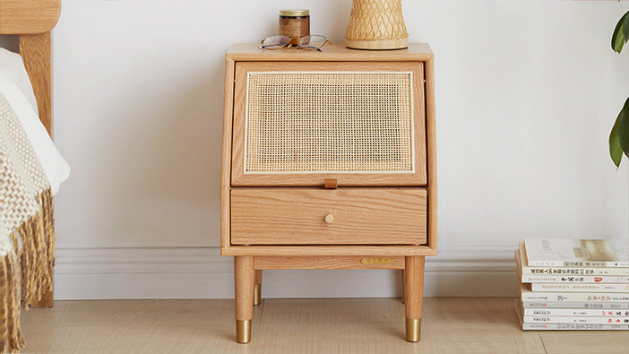 100% FAS Oak Wood Rattan Nightstand Side Table with Drawers (Natural)