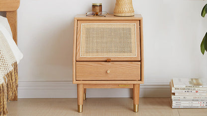 100% FAS Oak Wood Rattan Nightstand Side Table with Drawers (Natural)