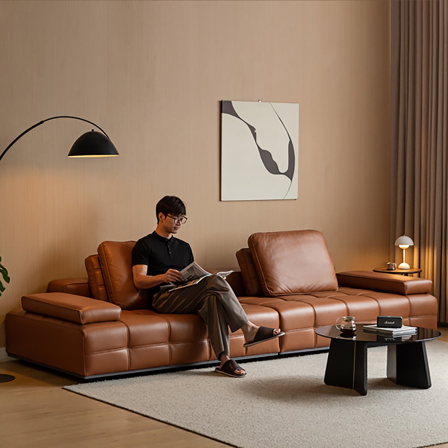 Lawrence Italian Minimalist Black Leather Sofa – Premium Top-Grain Crumple Leather