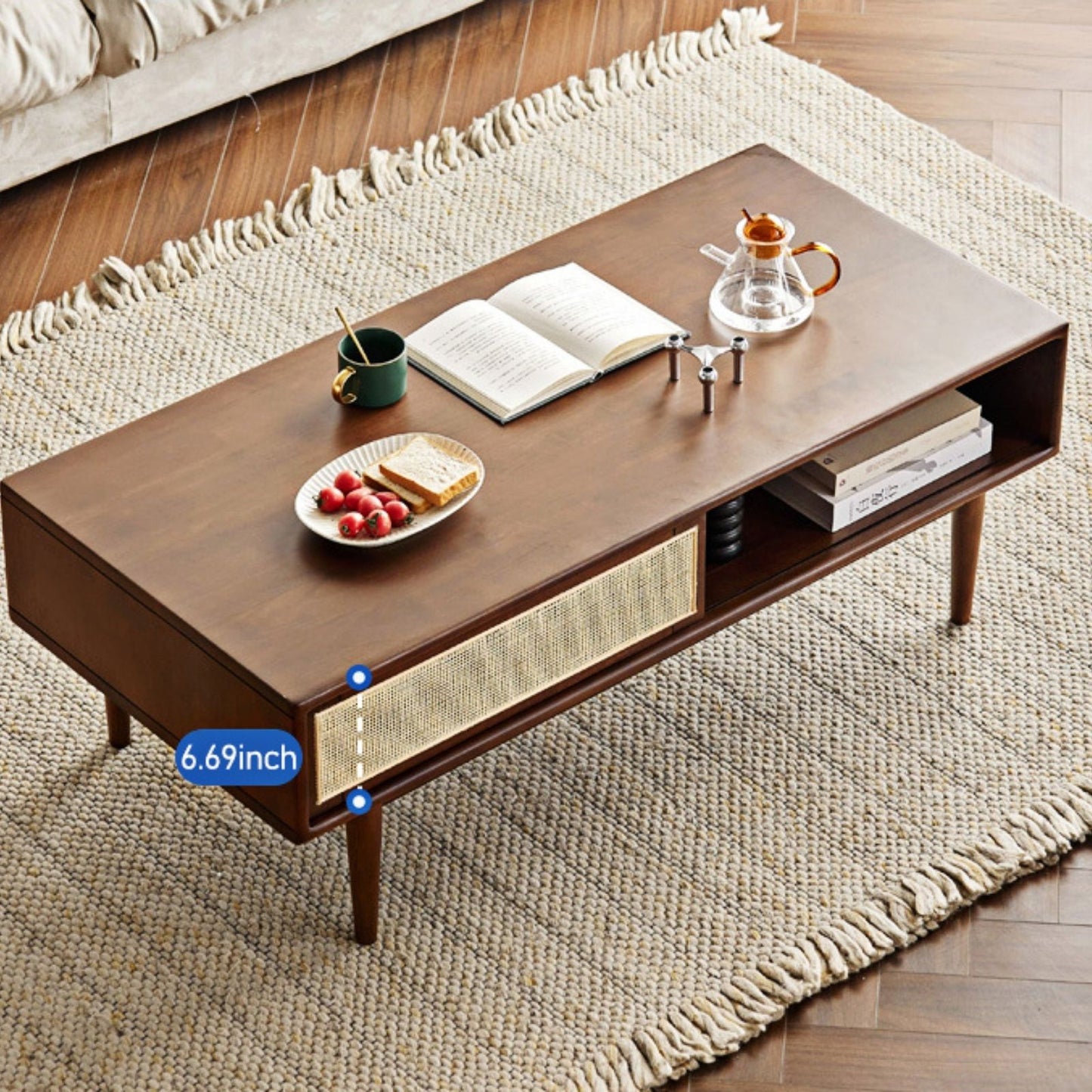 100% Soild Rubber Wood Modern Classic 100% Solid Wood Coffee Table with Rattan Sliding Door (Walnut)