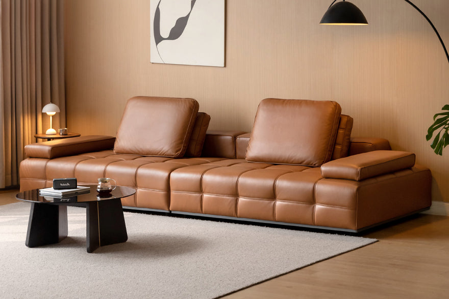 Lawrence Italian Minimalist Black Leather Sofa – Premium Top-Grain Crumple Leather
