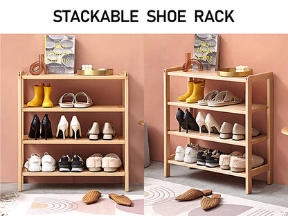 100% Solid Wood Shoe Rack 4-Tier, Closet Shoe Storage （Natural）