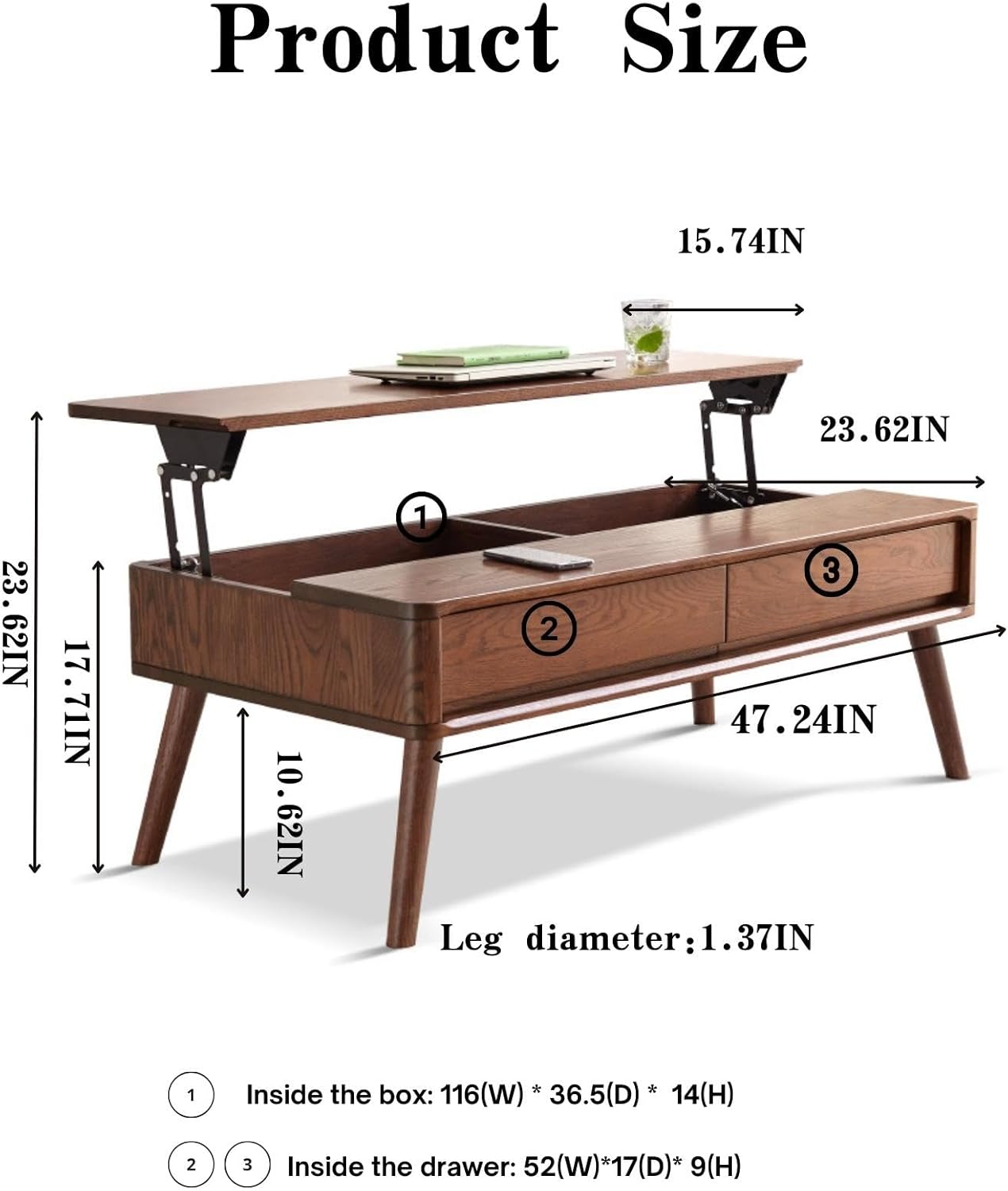 100% Solid Oak Lift Top Coffee Table with Storage Shelf Natural / Walnut Colour (39.37"/ 47.24")