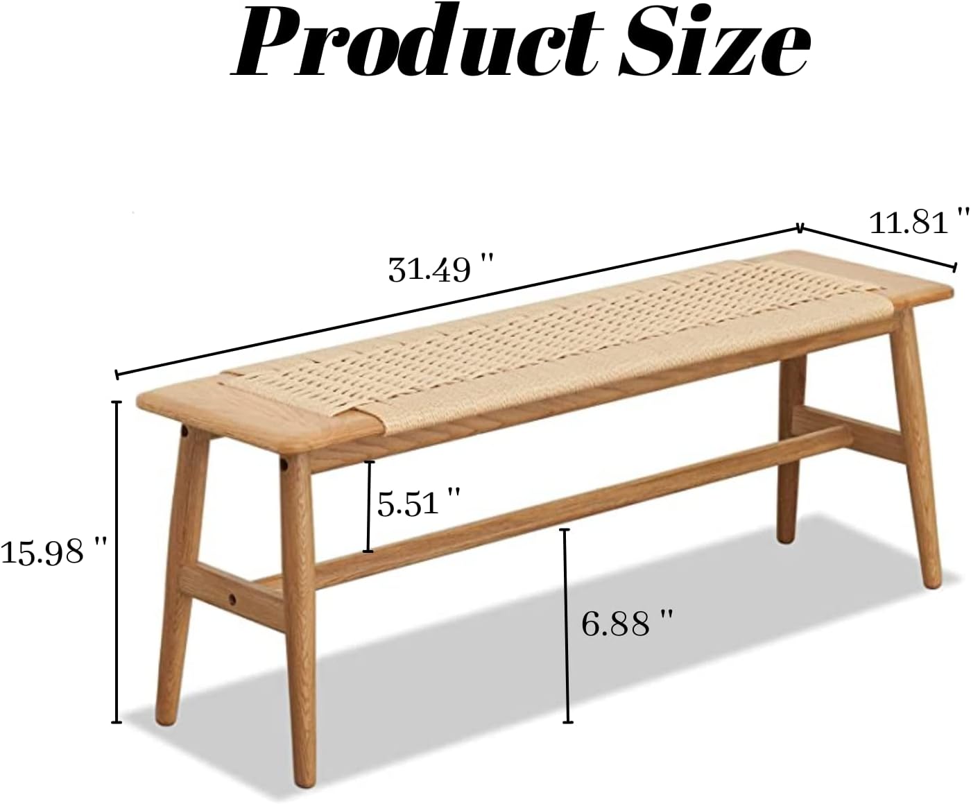 100% Solid Oak Wood Bench Hand Woven Bench (Off-White / Natural)