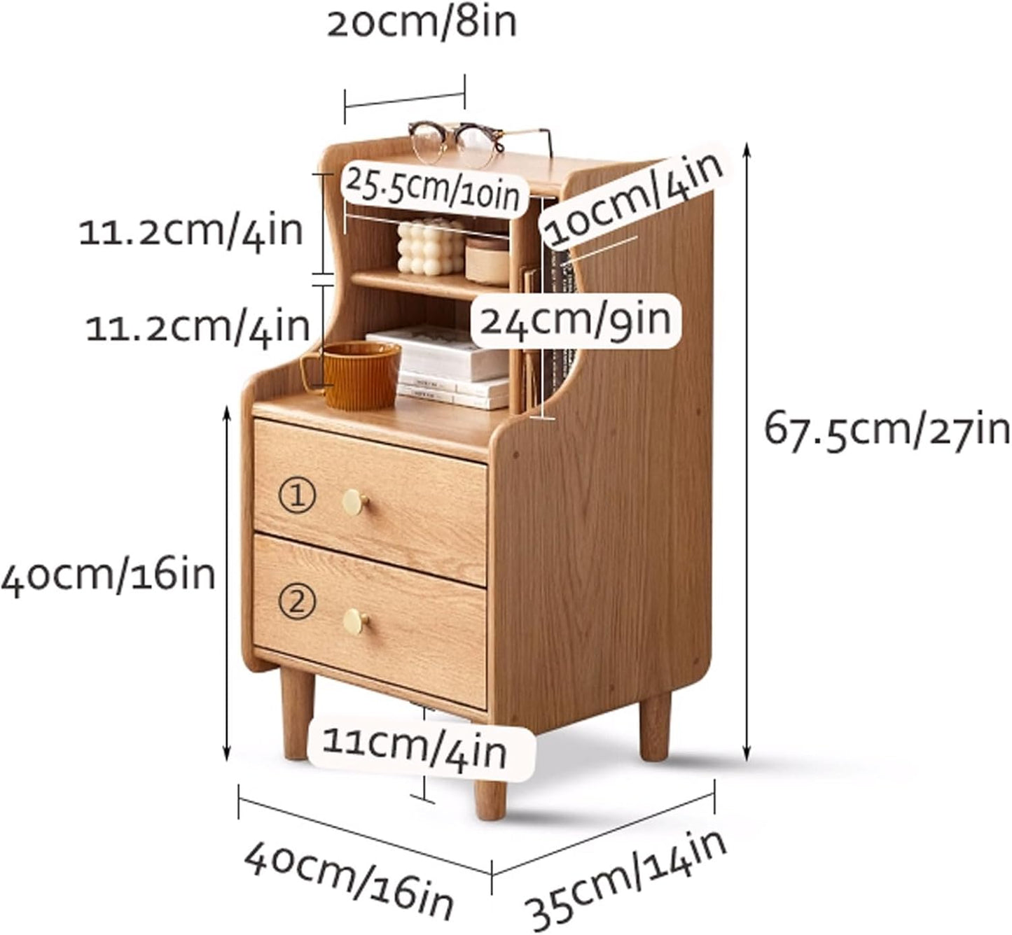 100% Solid Wood Nightstand Three-compartment nightstand Side Table (Natural/Walnut)