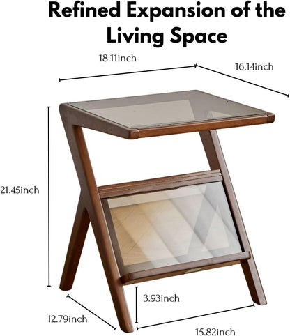 Z-Shaped Wood Side Table with Removable Glass Top (Walnut)