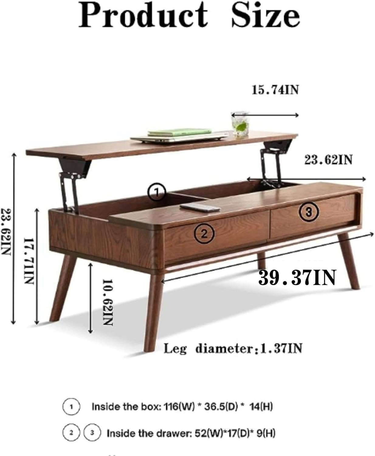 100% Solid Oak Lift Top Coffee Table with Storage Shelf Natural / Walnut Colour (39.37"/ 47.24")