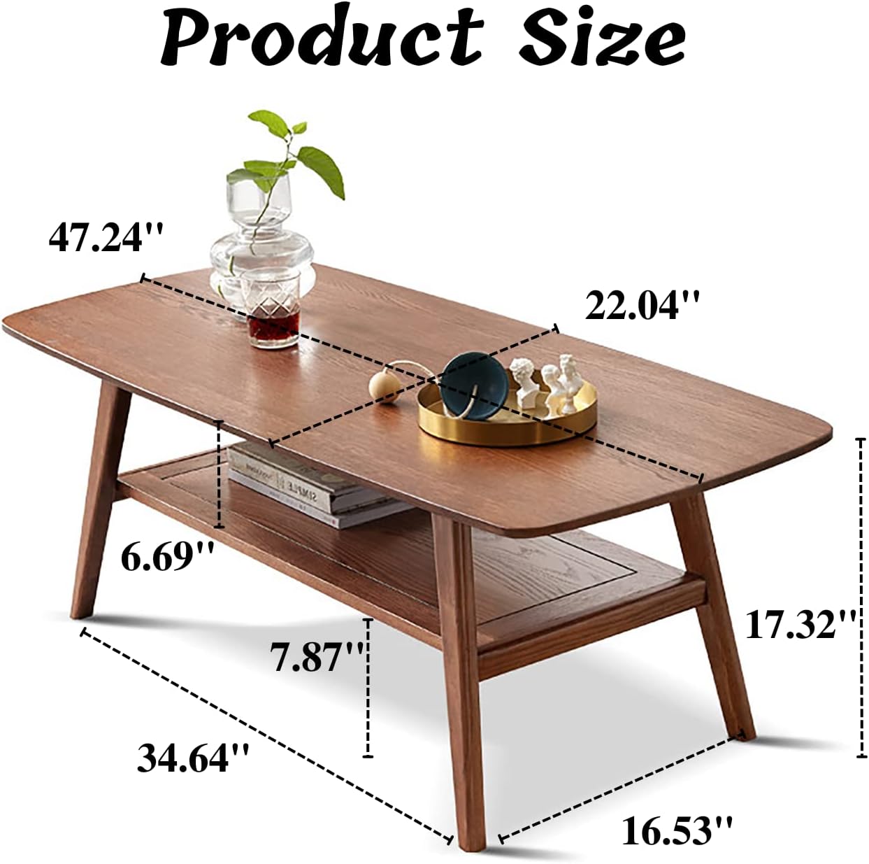 100% Oak Solid Wood Coffee Table with Storage Shelf Rectangle Natural / Walnut (31.49"/ 39.37"/ 47.24")