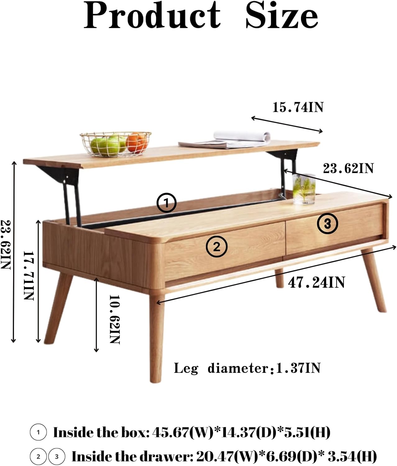 100% Solid Oak Lift Top Coffee Table with Storage Shelf Natural / Walnut Colour (39.37"/ 47.24")