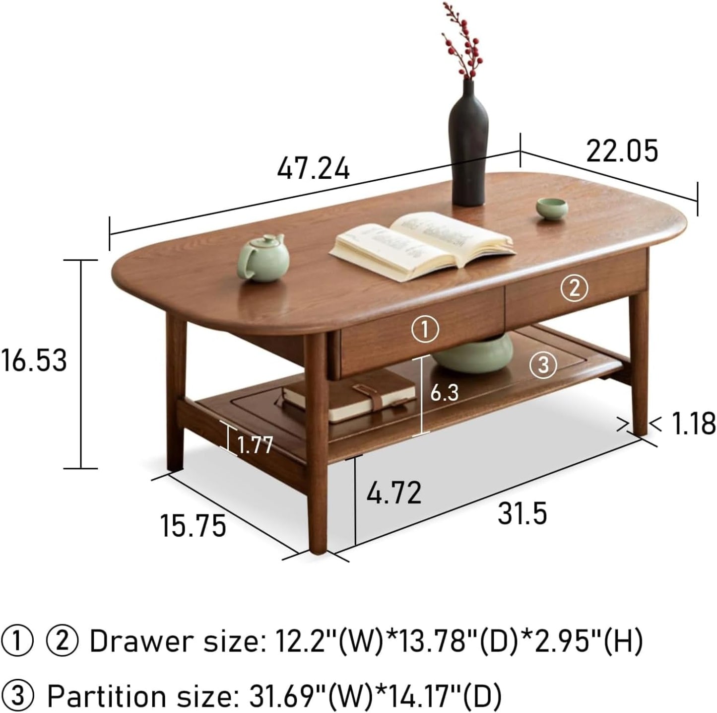 100% Solid Wood Coffee Table Walnut Coloured Two Layers (39.37"/ 47.27"）